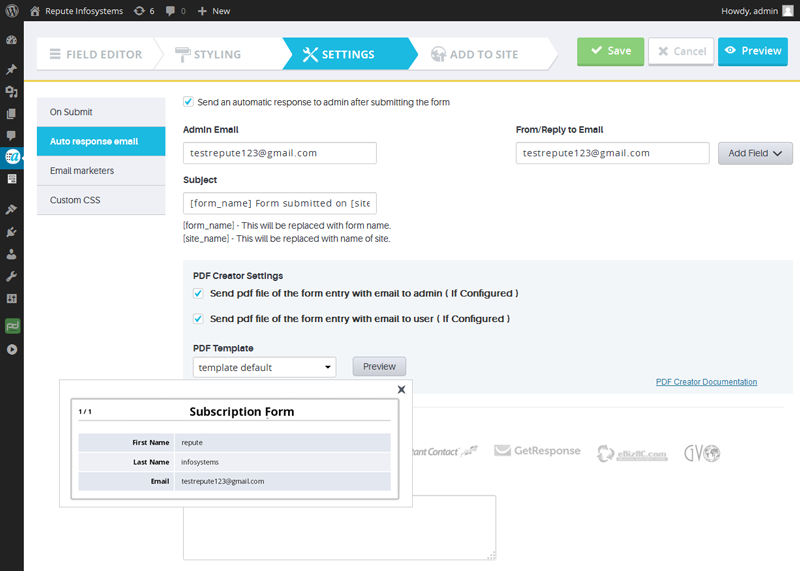 ARFoms PDF Creator Form Settings